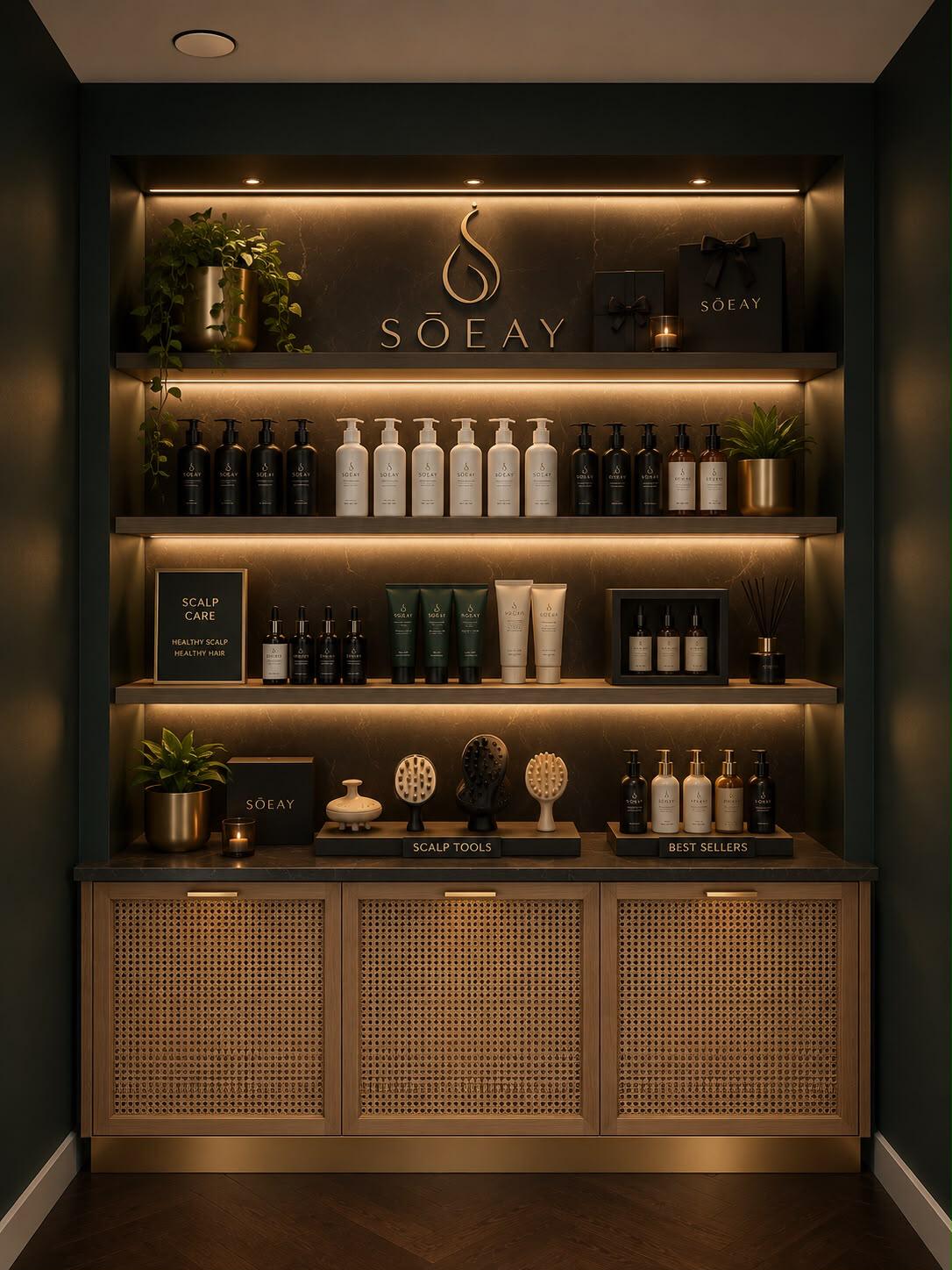 Illuminated retail wall with care products