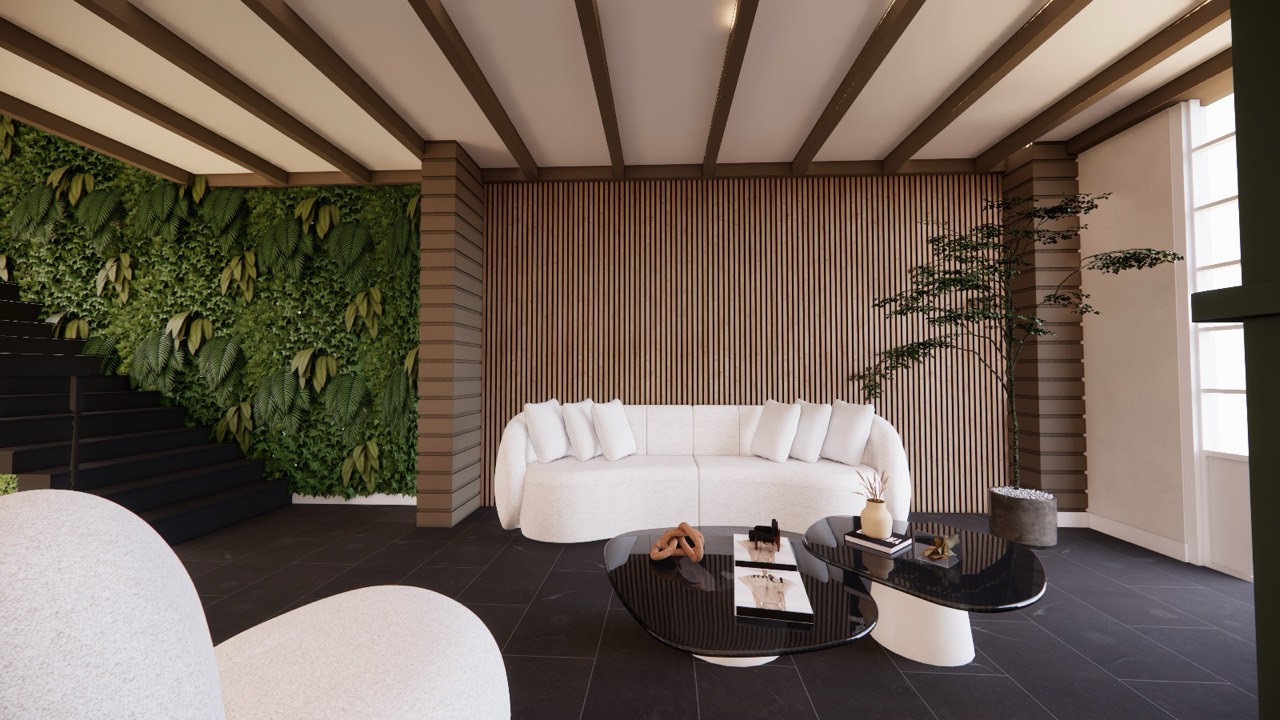 Lounge with wooden slats and a green wall
