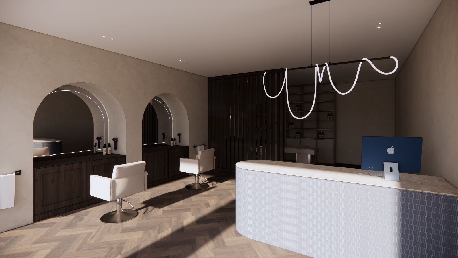 Hair salon with arched mirrors and a dark slatted wall