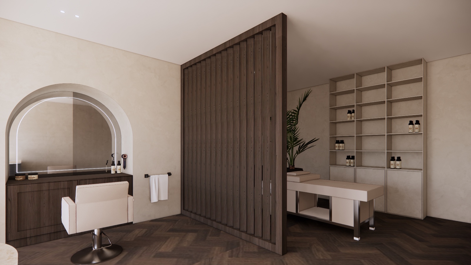 Treatment area with a slatted partition and open shelving