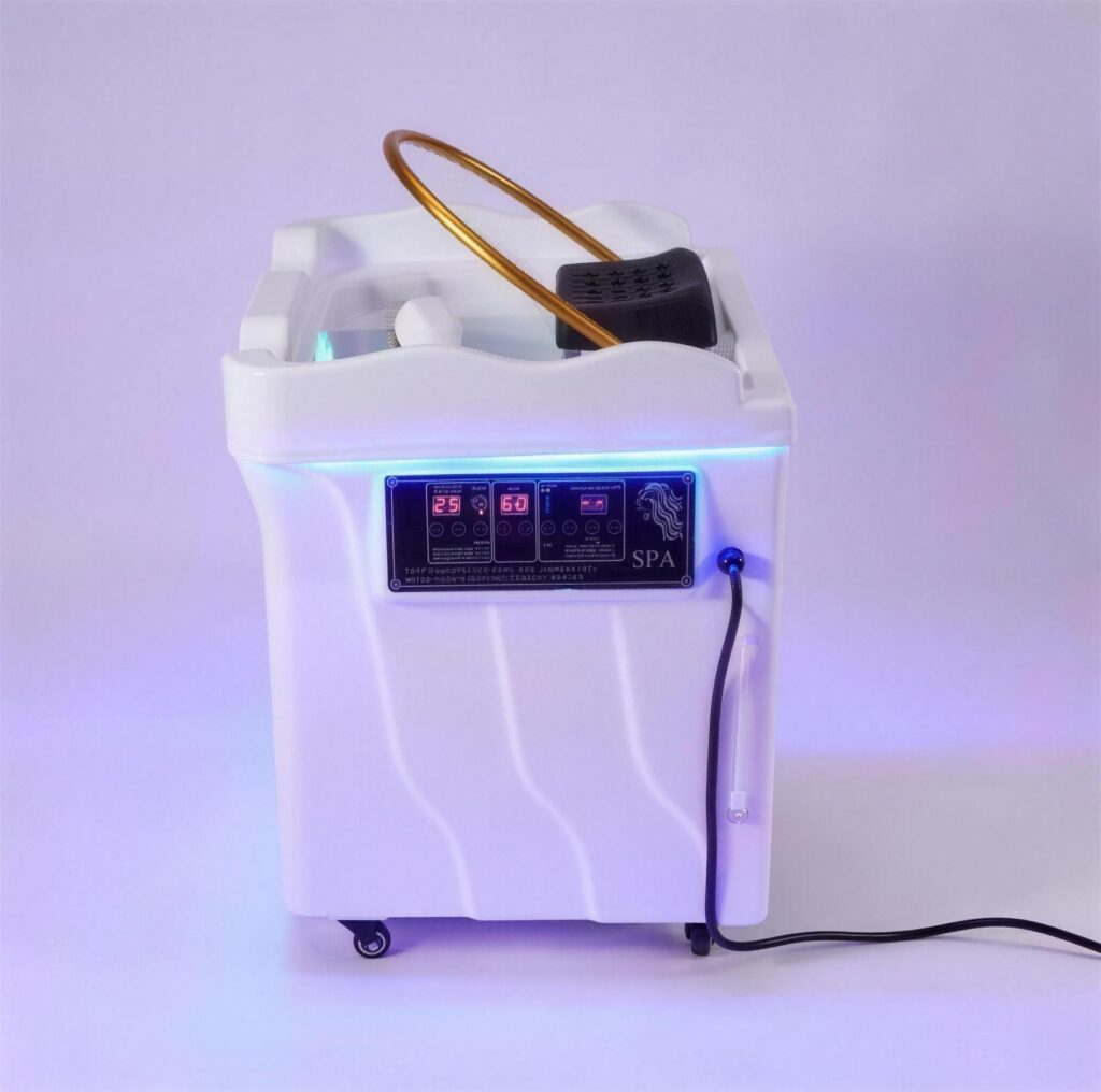 Vooraanzicht portable headspa Nova met bedieningspaneel en LED-verlichting in de wasbak